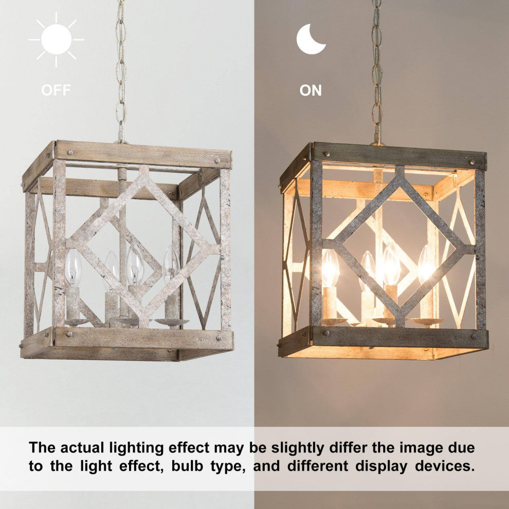 LALUZ 4-Lights Antique White Wood Farmhouse Square Chandelier