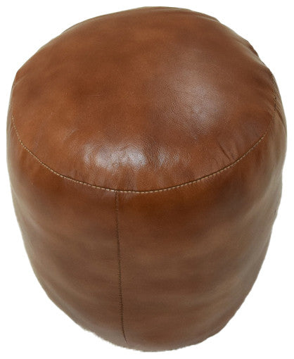 Pouf-Solid Handmade Leather Pouf (Recycled Foam with Fiber Fill), Light Brown, {Round]14x14x14
