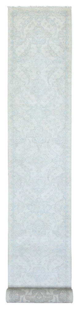Ivory, Soft Wool Hand Knotted, White Wash Peshawar XL Runner Rug, 2'6"x19'4"