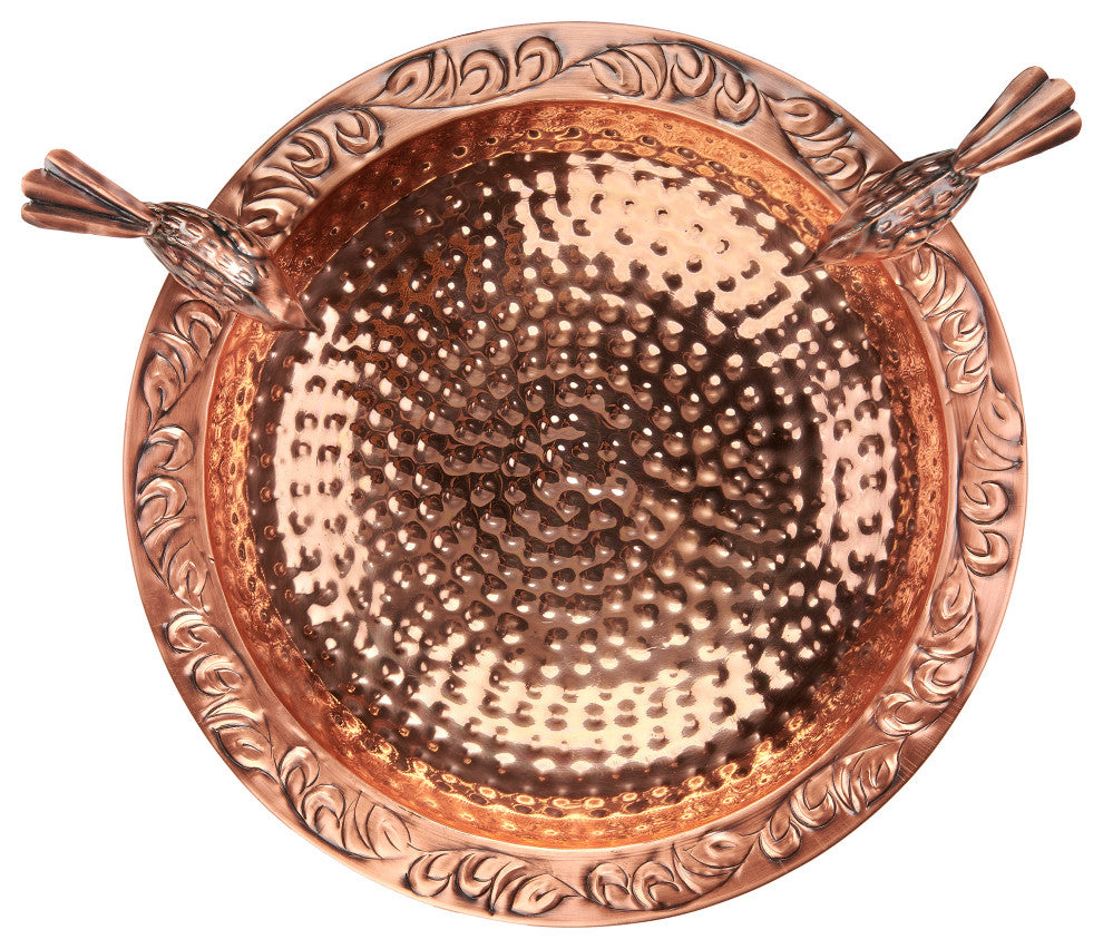 Pure Copper Bird Bath With 2 Copper Birds and Tree Theme Multiprong Garden Pole