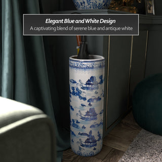 24" Landscape Blue and White Porcelain Umbrella Stand