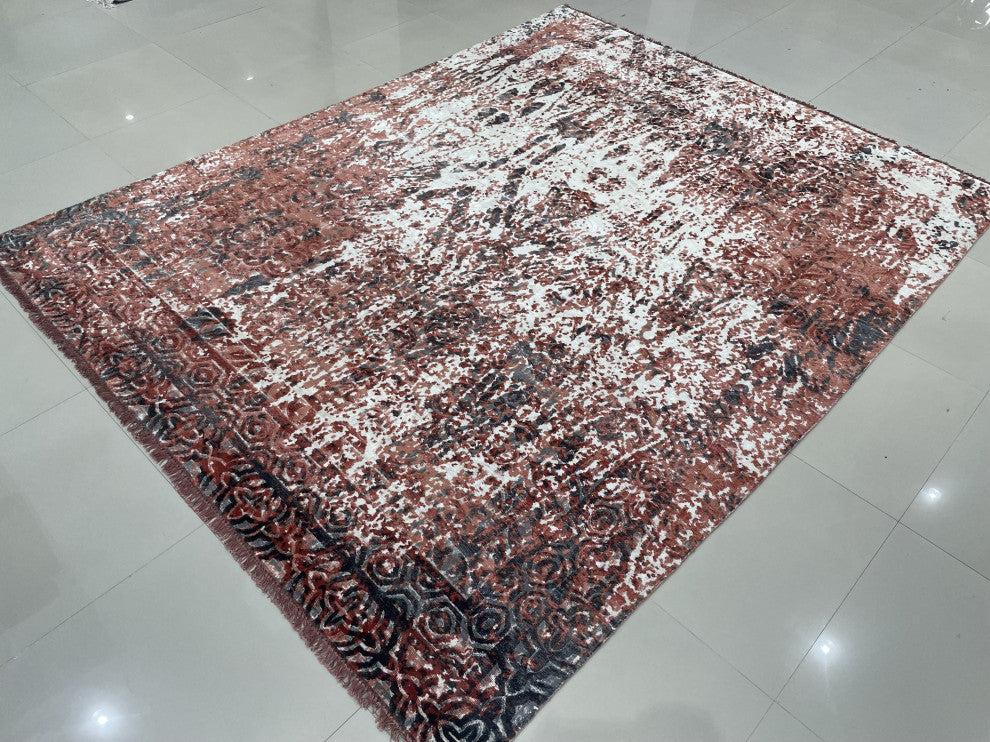 Hand-Knotted Wool Ivory/Red Transitional Modern Modern Rug, 7' X 9'