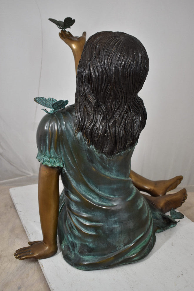 Girl With butterflies, green shirt Bronze Statue Size: 27" x 17" x 24"H