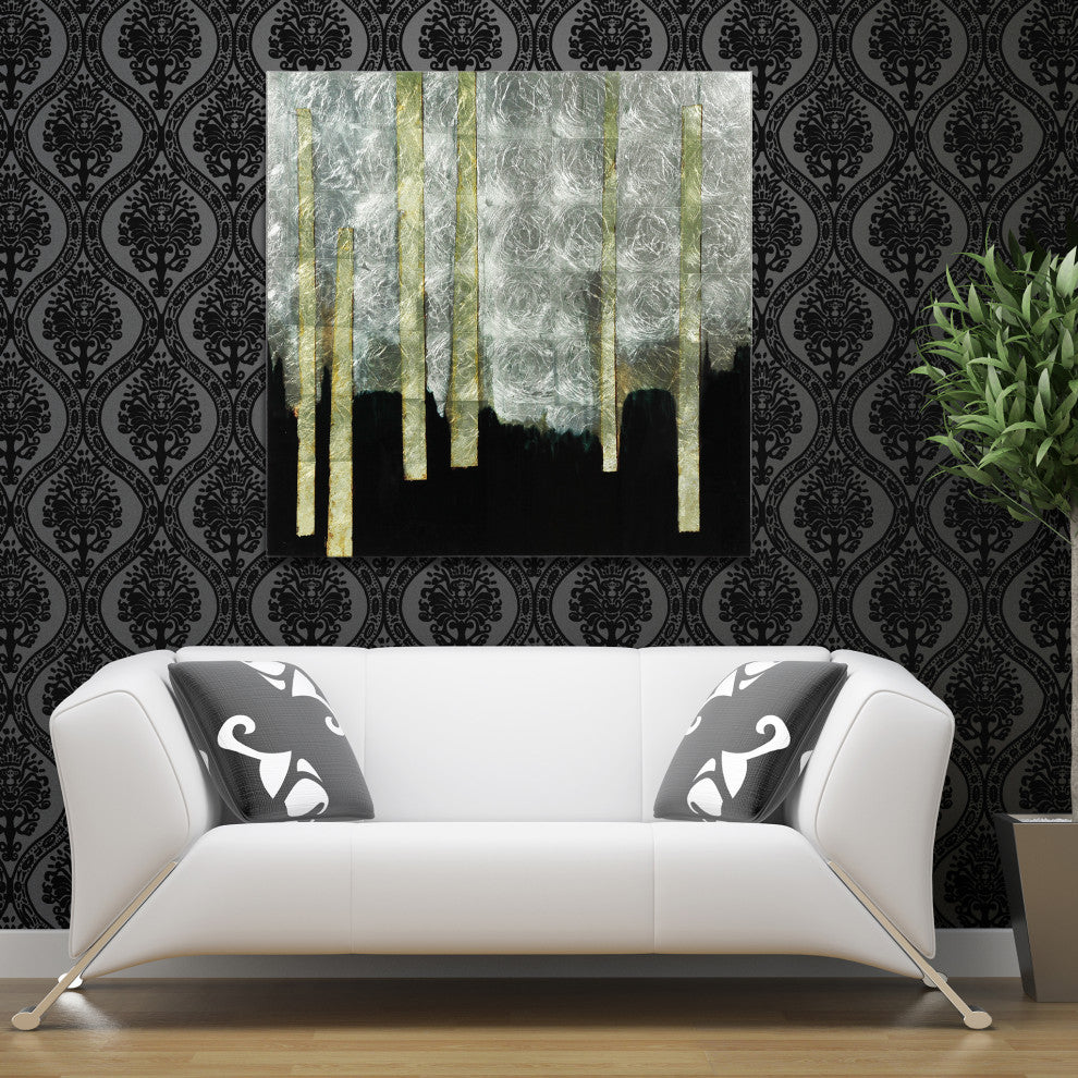 "Treeline I" Abstract Wall Art Reverse Printed Tempered Glass With Silver Leaf