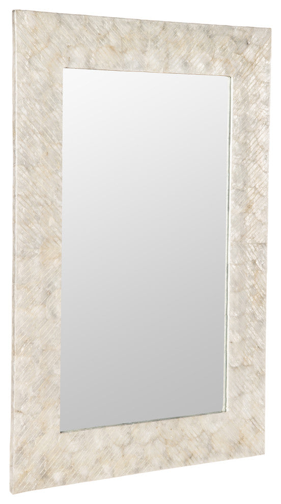 Capiz Seashell Mosaic Rectangular Decorative Wall Mirror, Pearlescent White