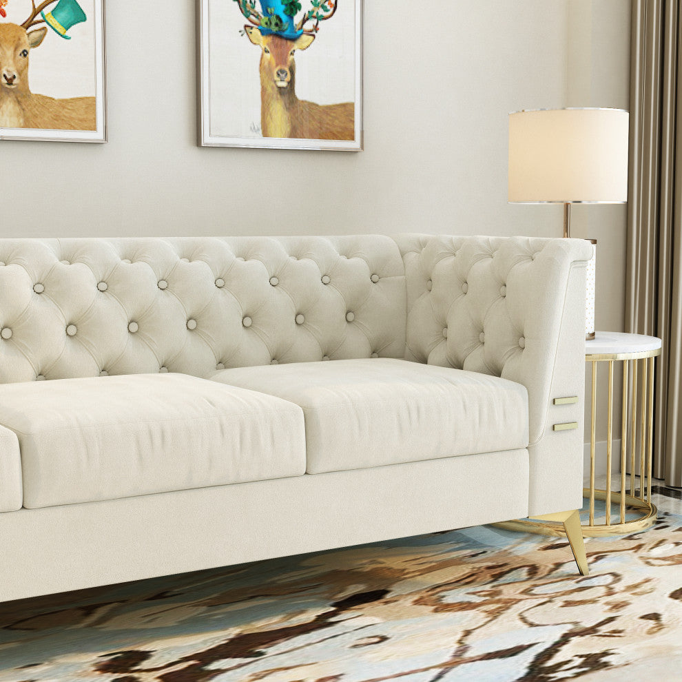 82.7'' Chesterfield Velvet Square Arm Sofa with Gold Leg, Beige