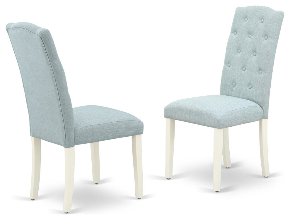 5Pc Dining Set, Round Table, Four Parson Chairs, Baby Blue Fabric, Linen White