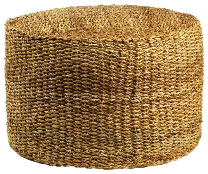 Round Woven Seagrass Curved Pouf Natural Fibers Coastal Cottage Ottoman Table