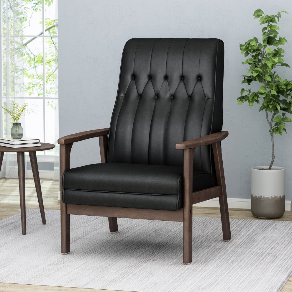 Katharine Mid Century Modern Upholstered Accent Chair, Matte Black and Walnut