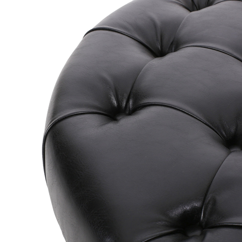 Baynes Faux Leather Tufted Wood Round Ottoman, Open Shelf, Midnight + Espresso