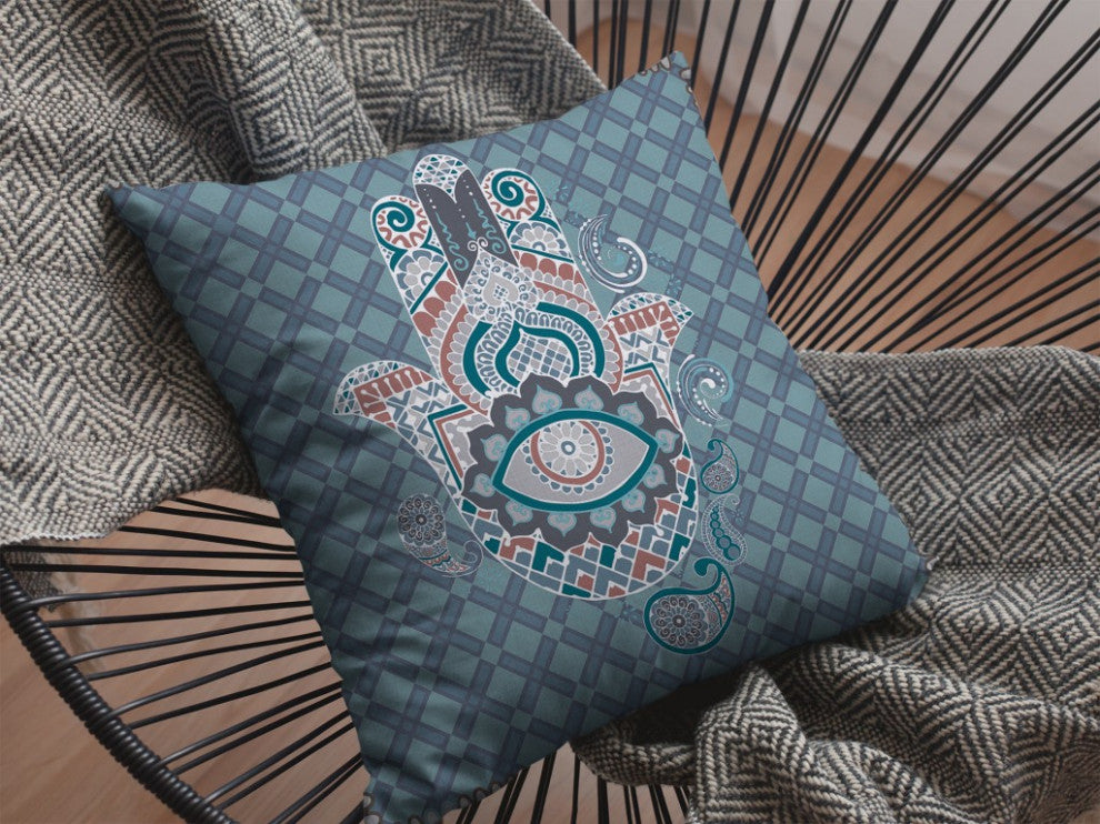 16 Slate Blue Hamsa Boho Suede Throw Pillow