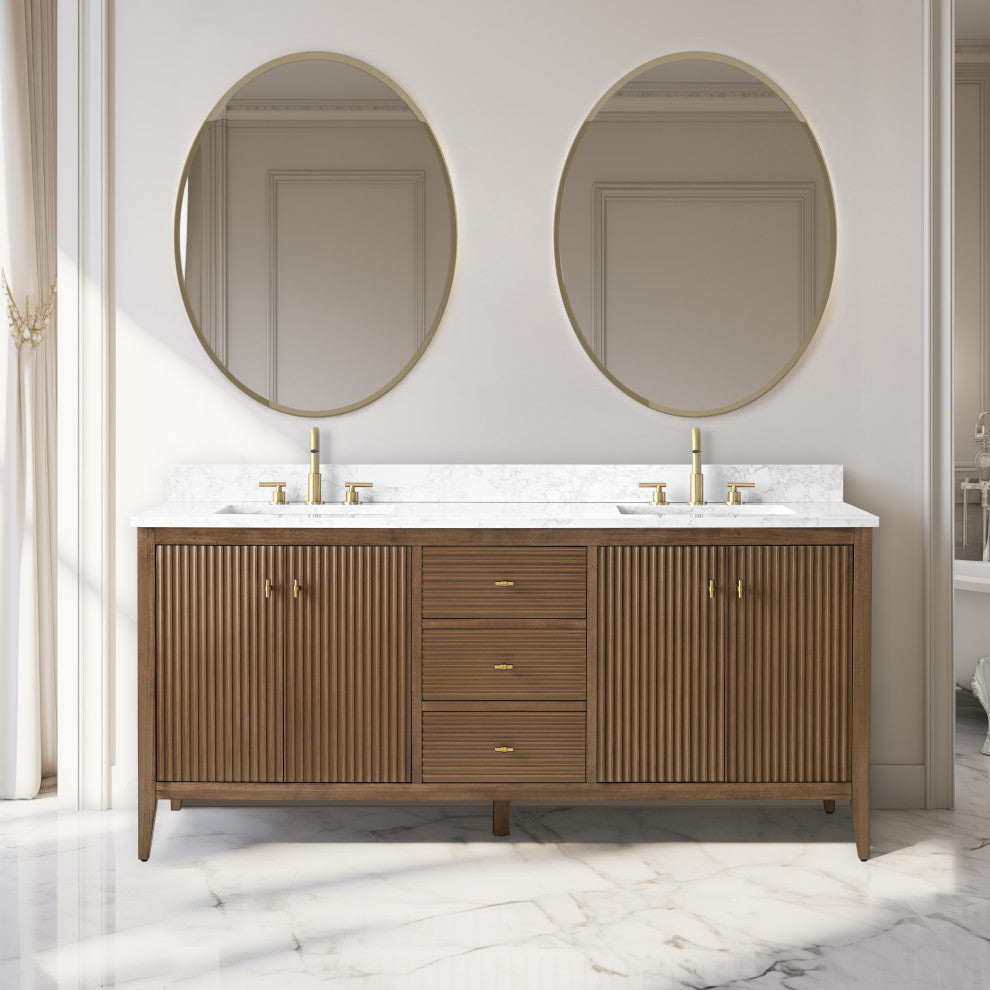 Vanity Art Freestanding Vanity, Walnut, 72", Double Sink, Golden Brushed