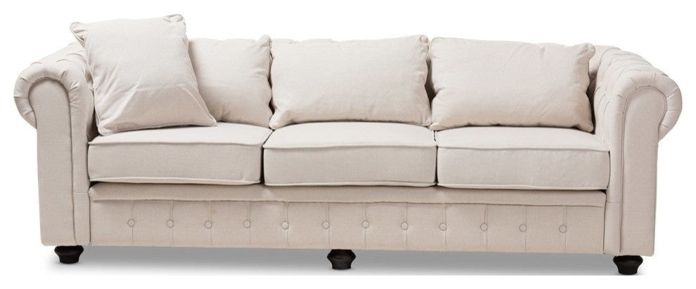 Alaise Modern Classic Beige Linen Tufted Scroll Arm Chesterfield Sofa