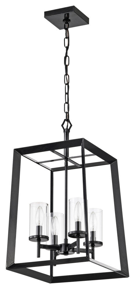 4-Light Antique Black Geometric Cage Lantern Pendant With Clear Glass Shades