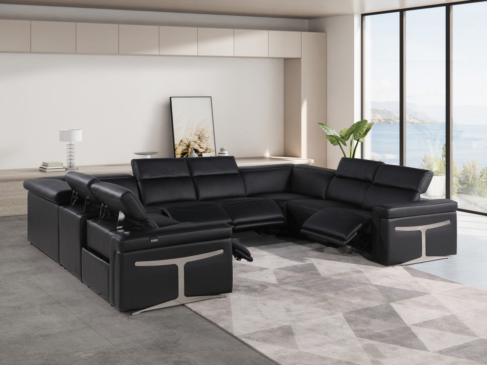 GIOVANNI 8-Piece, 4-Power Reclining Italian Leather Sectional, Black