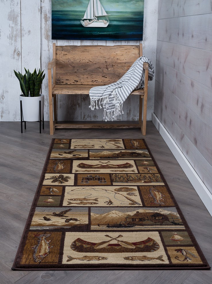 Cabin Getaway Novelty Lodge Pattern Brown Runner Rug, 2.7'' x 7''
