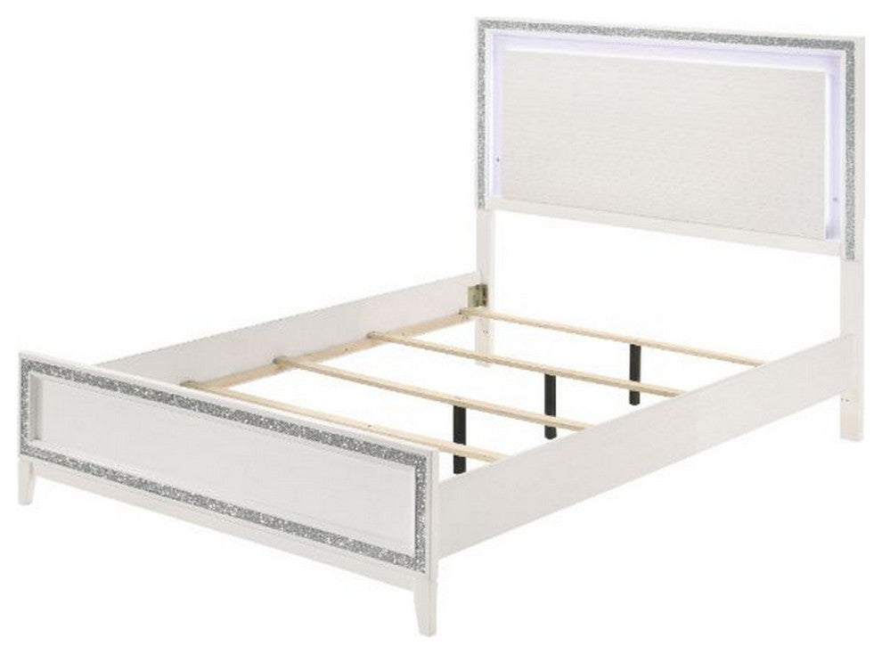 Benzara BM252737 Queen Bed With LED Headboard and Shimmering Trim, White