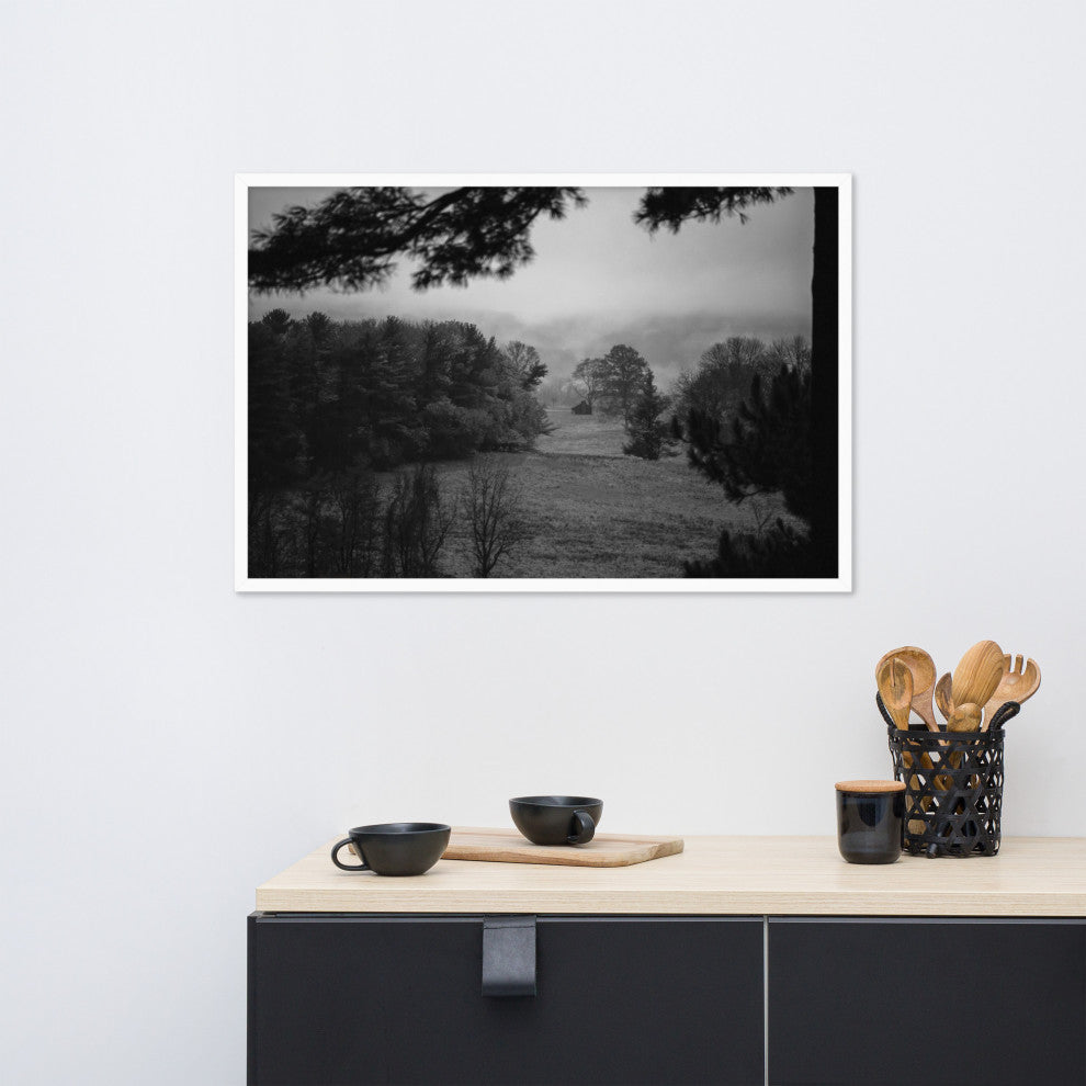 Mist of Valley Forge in Black and White Framed Photo Paper Wall Art Prints, White, 24" X 36"