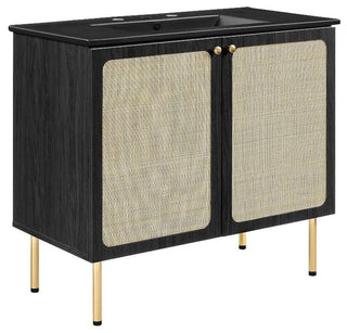 Modway Chaucer 36" Wood & Rattan Bathroom Vanity with Adjustable Shelf in Black