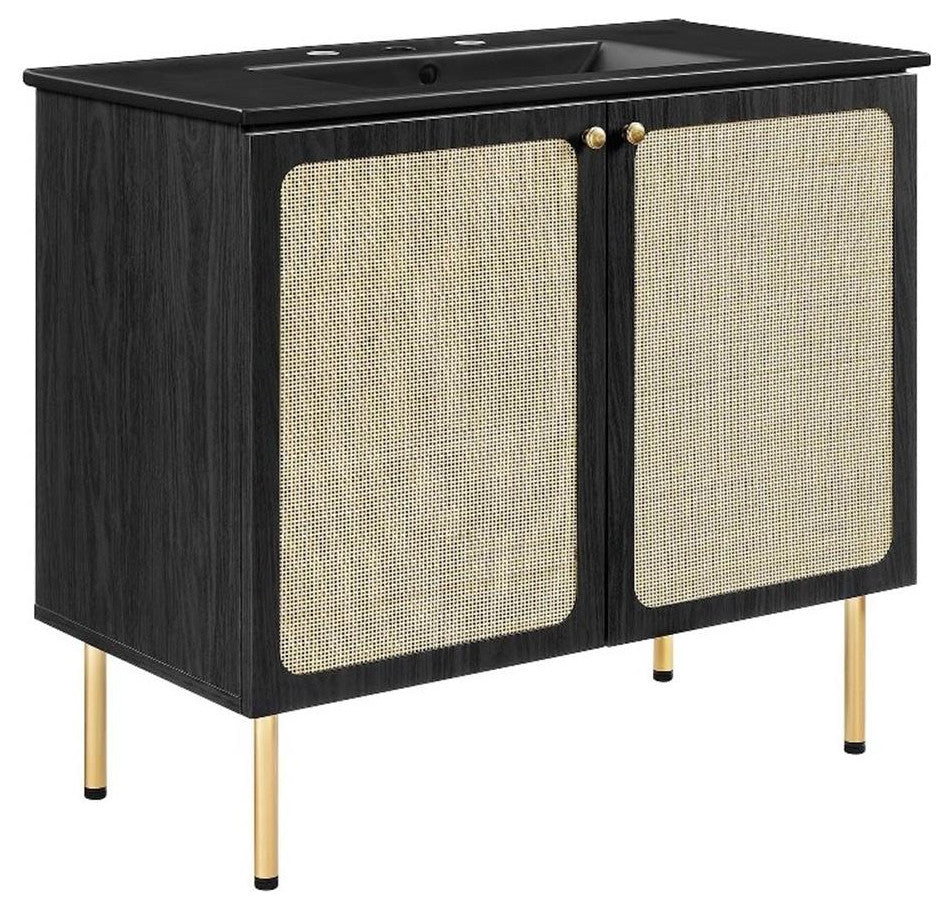 Modway Chaucer 36" Wood & Rattan Bathroom Vanity with Adjustable Shelf in Black