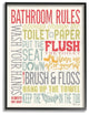 Bathroom Rules Coral Green Gray and Blue Colorful Typography, Framed, 11"x14"