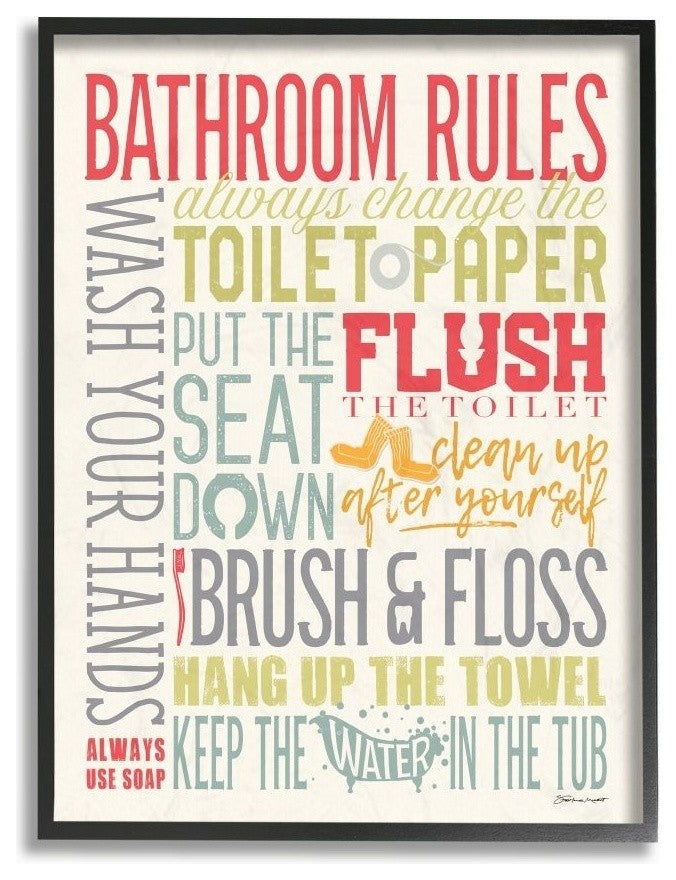 Bathroom Rules Coral Green Gray and Blue Colorful Typography, Framed, 11"x14"