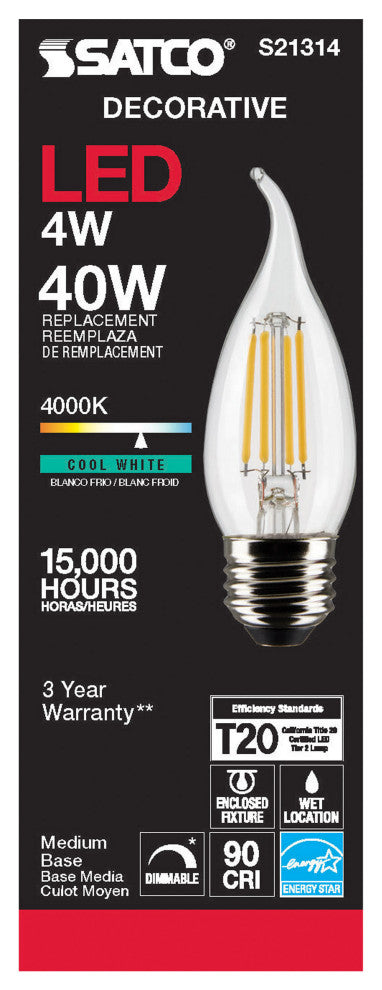 4W CA10 LED, Clear, Medium Base, 90 CRI, 4000K, 120V