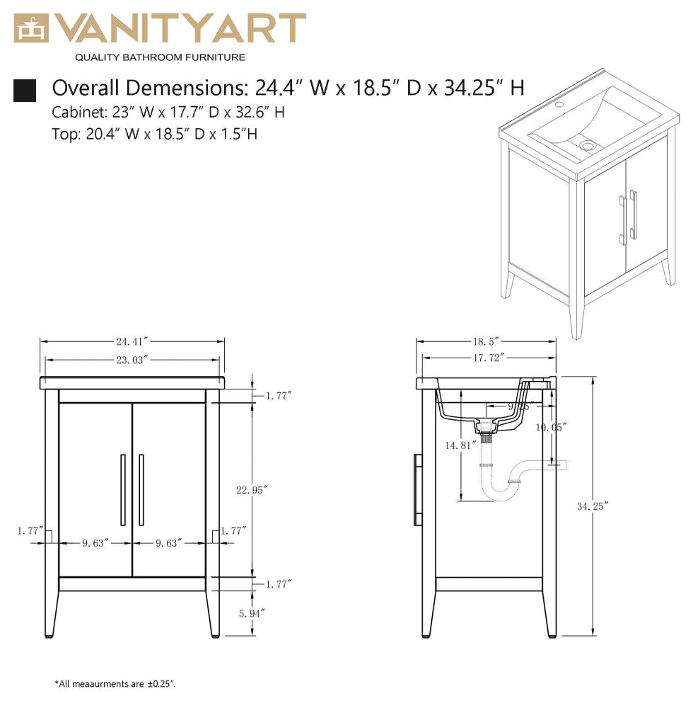 Vanity Art Bathroom Vanity With Sink, White, 24", Single Sink, Brushed Nickel