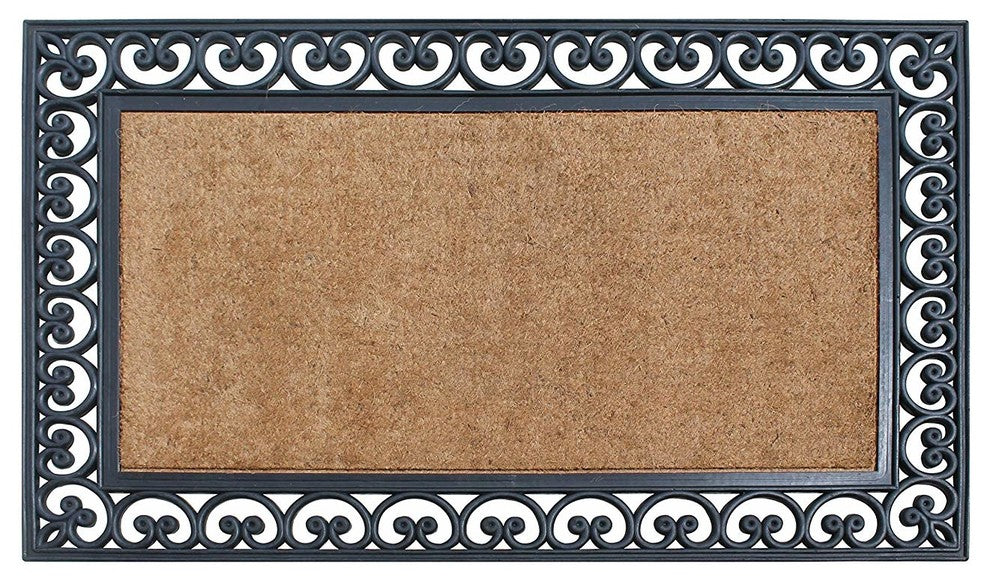 A1HC Black Rubber And Coir Paisley Border Double Doormat, 30"X48"