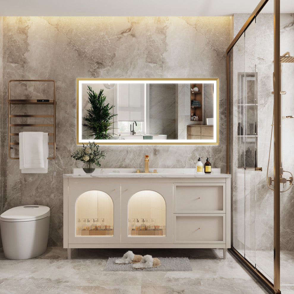 Beveled Bathroom LED Mirror Framed, Backlit and Front Light, Gold, 60"x28"