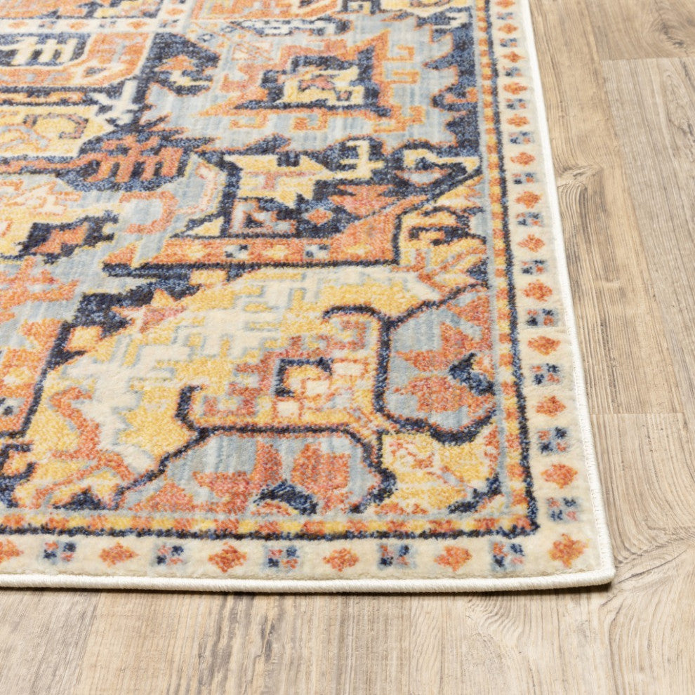 7"x10" Blue and Orange Tribal Area Rug