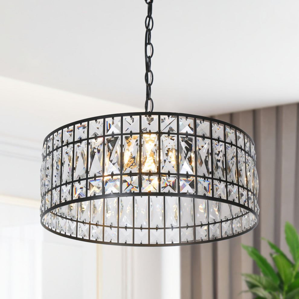 LNC Chispa 3-Light Black Modern Crystal Drum Chandelier