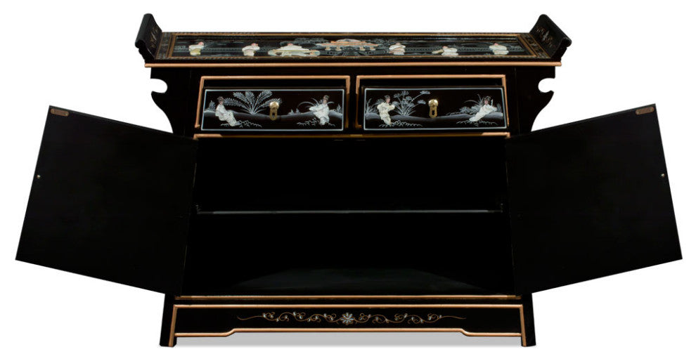 Black Lacquer Mother of Pearl Motif Oriental Altar Style Cabinet