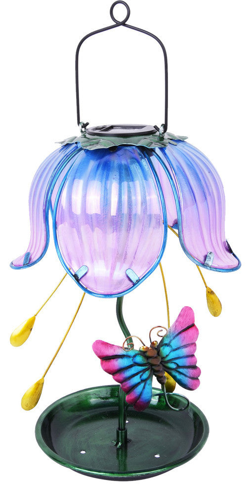 Solar Lighted Glass Hanging Floral Lantern Butterfly Feeder