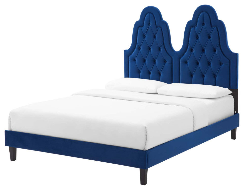 Tufted Platform Bed Frame, Twin Size, Velvet, Blue Navy, Modern Contemporary