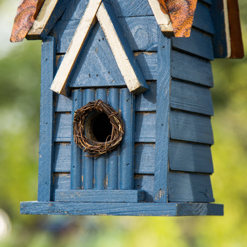 12"H Retro Blue Distressed Solid Wood Cottage Birdhouse