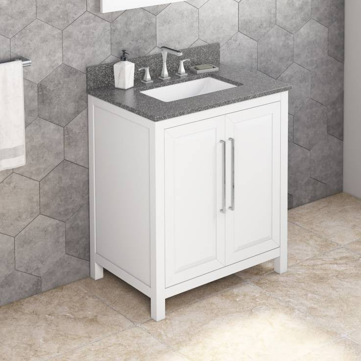 Cade Transitional 30" White Bathroom Vanity, Boulder Cultured Marble Vanity Top