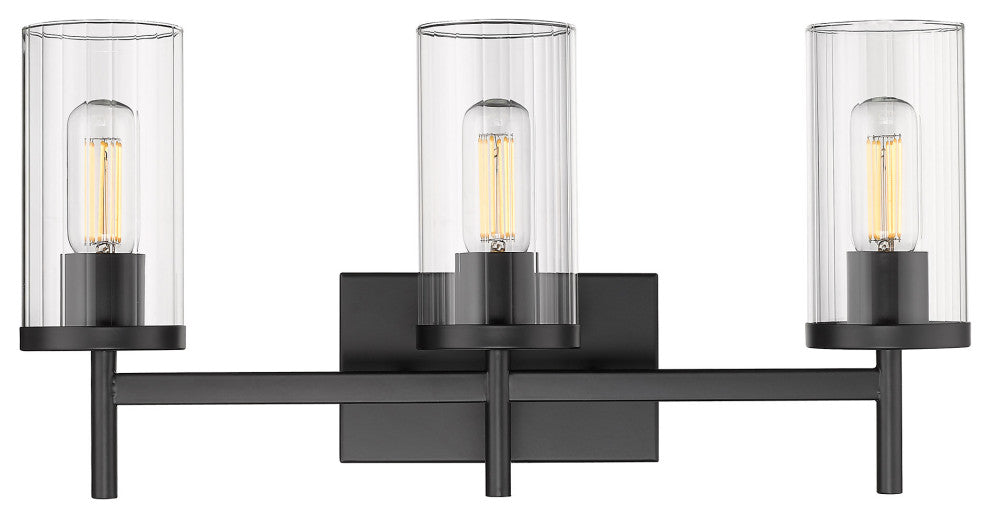 Winslett 3 Light Bath Vanity, Matte Black With Ribbed Clear Glass