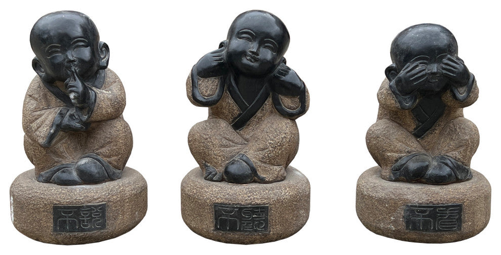 Small Set 3 Black Gray Brown Stone Kid Monk Lohon Do No Evil Figures Hcs7658B