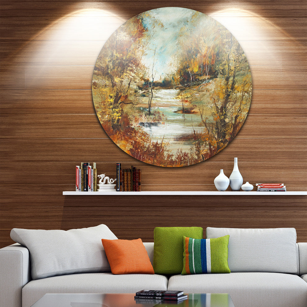 Brown River In Forest, Landscape Painting Round Wall Art, 11"