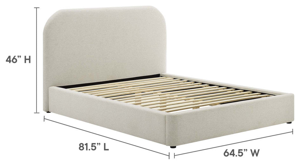Keynote Upholstered Fabric Curved Full Platform Bed, Heathered Weave Ivory