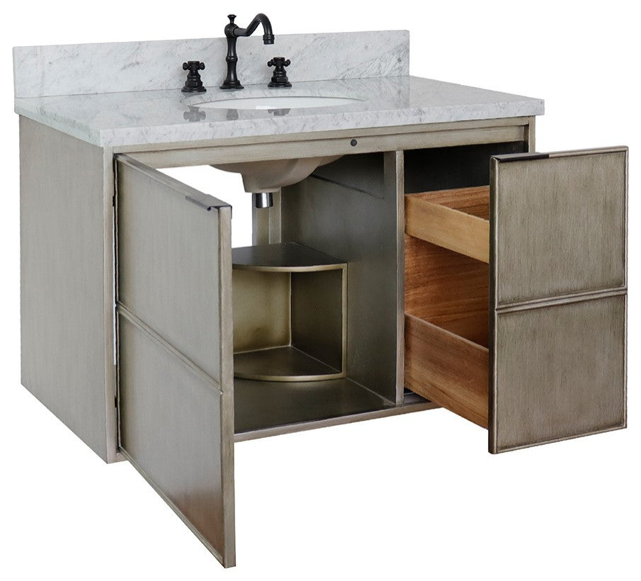 37" Single Wall Mount Vanity, Linen Brown Finish With White Carrara Top