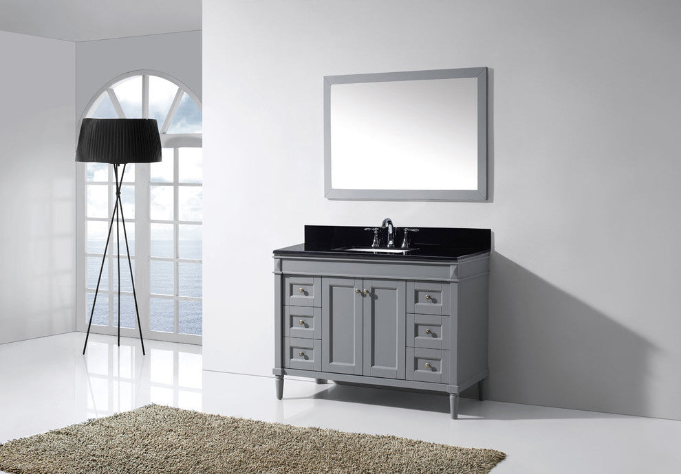 Virtu Tiffany 48" Single Bathroom Vanity, Gray, Black Granite Top, Mirror