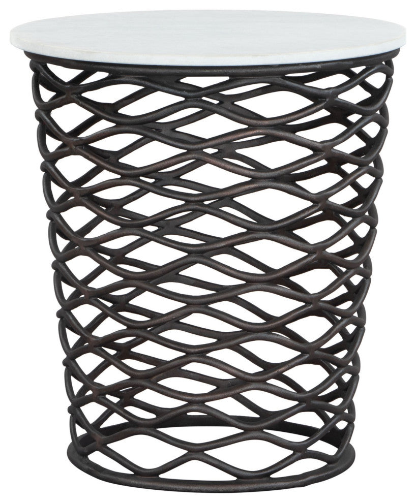 Sofa Side Table, Round, Artificial Marble, Aluminum Metal, White, Antique Black