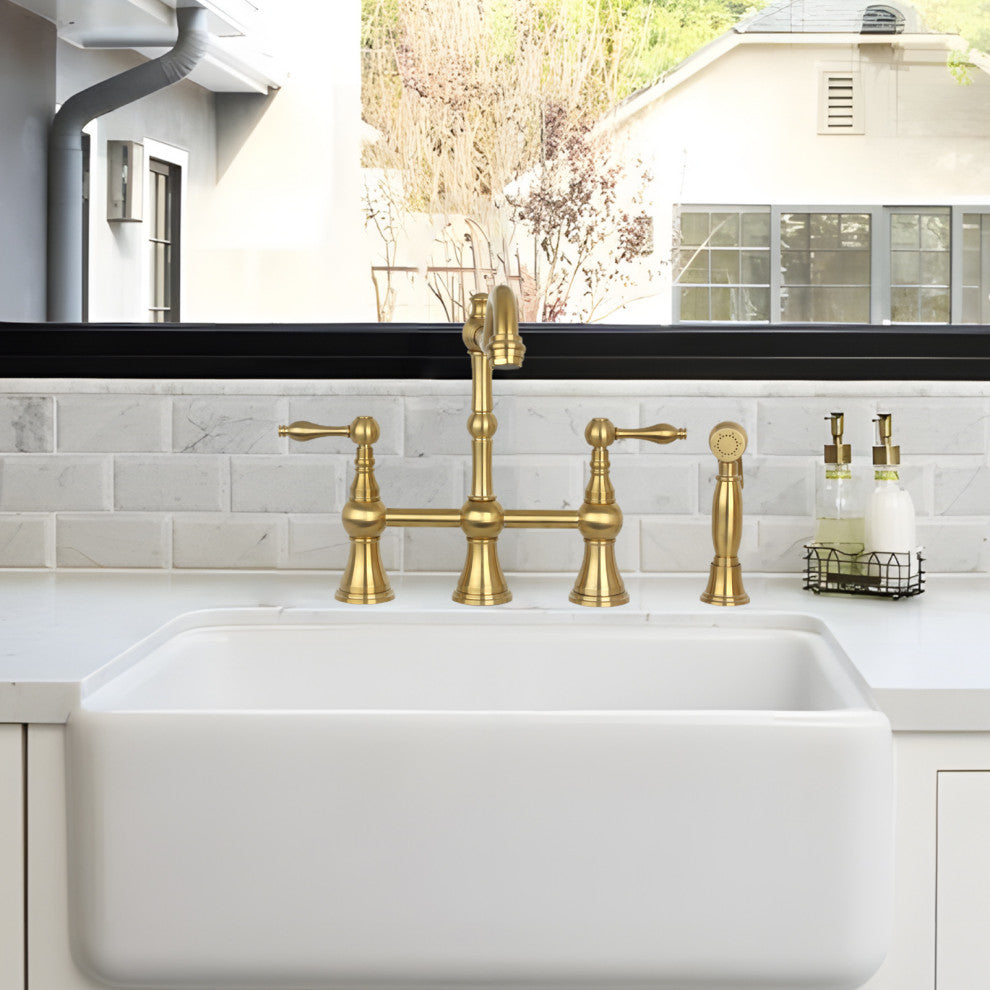 Two-Handles Copper Bridge Kitchen Faucet with Side Sprayer, Brushed Gold