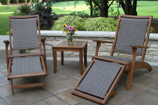 3-Piece Eucalyptus and Wicker Lounger Set With Ottoman and Square Accent Table