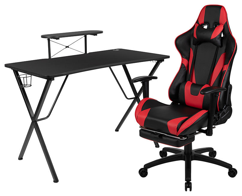 Gaming Desk and Reclining Chair Set, Headphone Hook/Monitor Stand, Red