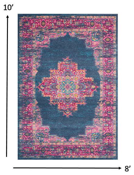 8 x 10 Blue and Pink Medallion Area Rug