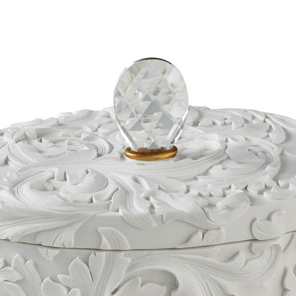 Benzara BM240880 Jewelry Box With Baroque Scroll Design/Crystal Accent, White