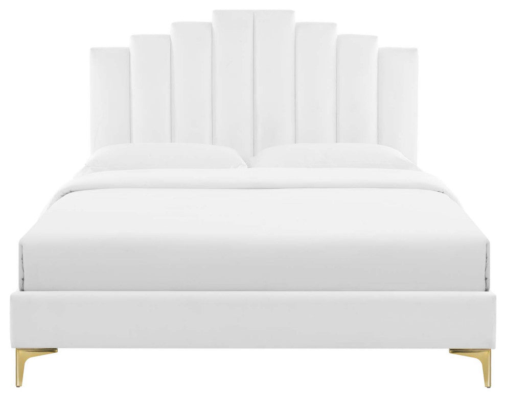 Platform Bed Frame, King Size, Velvet, White, Modern Contemporary, Bedroom